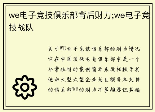 we电子竞技俱乐部背后财力;we电子竞技战队